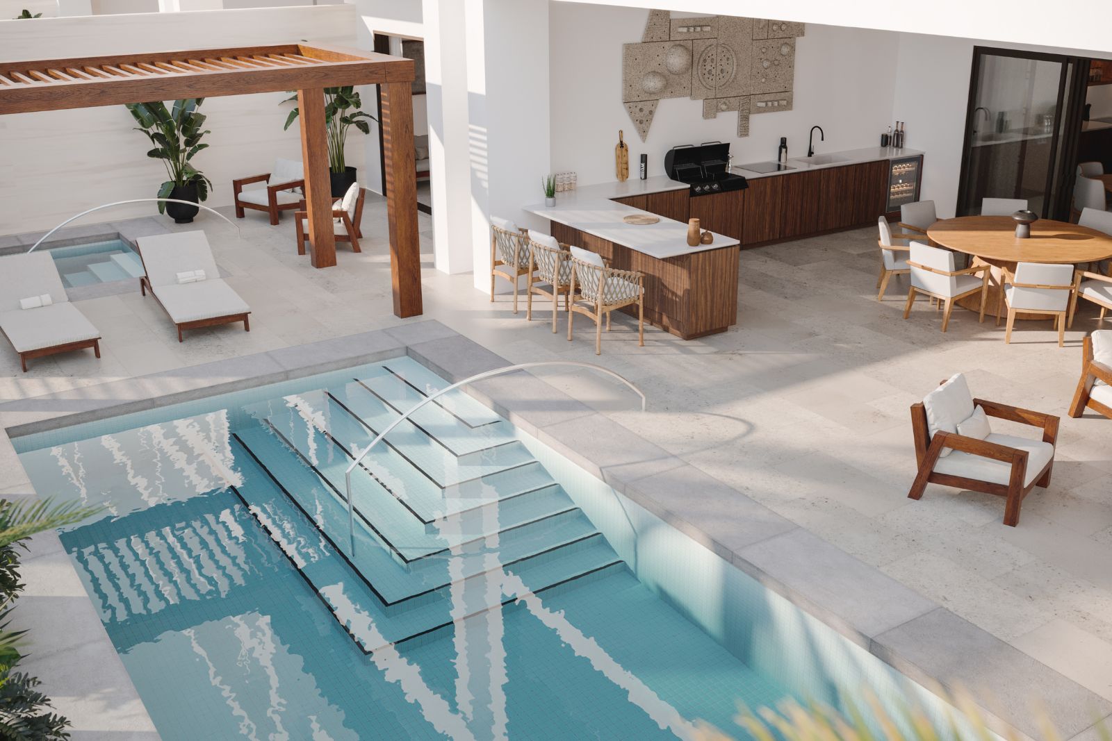 una piscina con barra, una barra y una mesa
