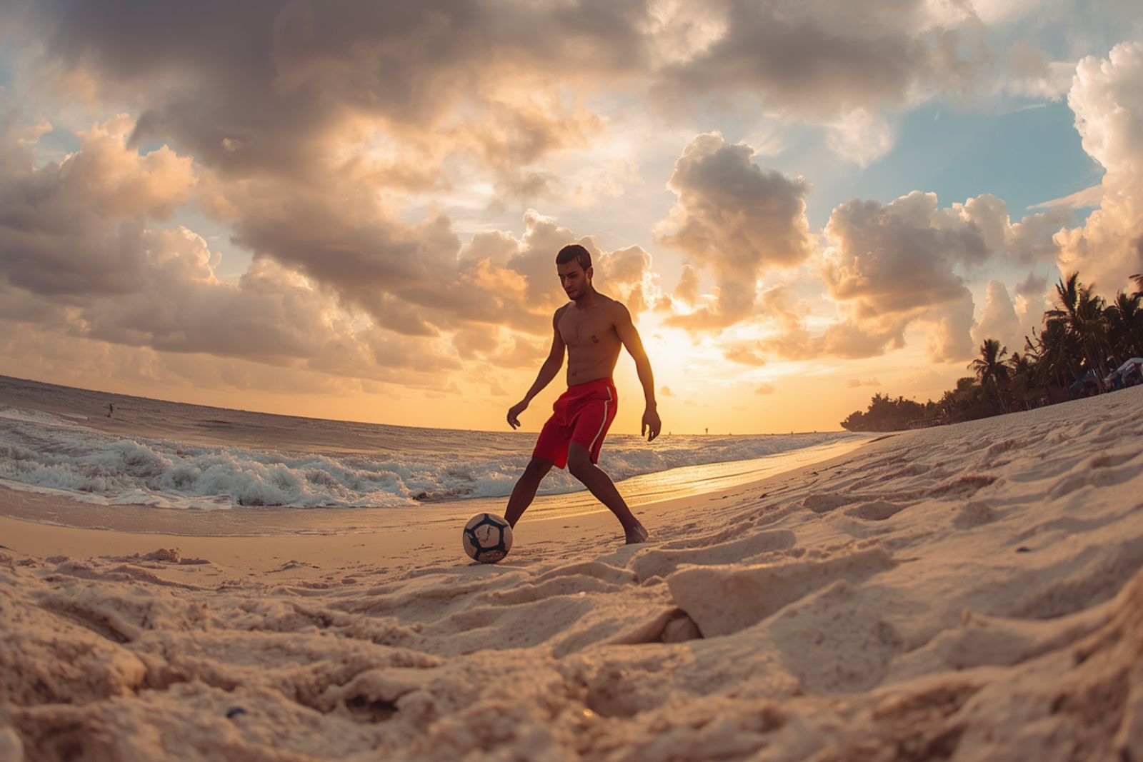 un hombre jugando al fútbol en una playa