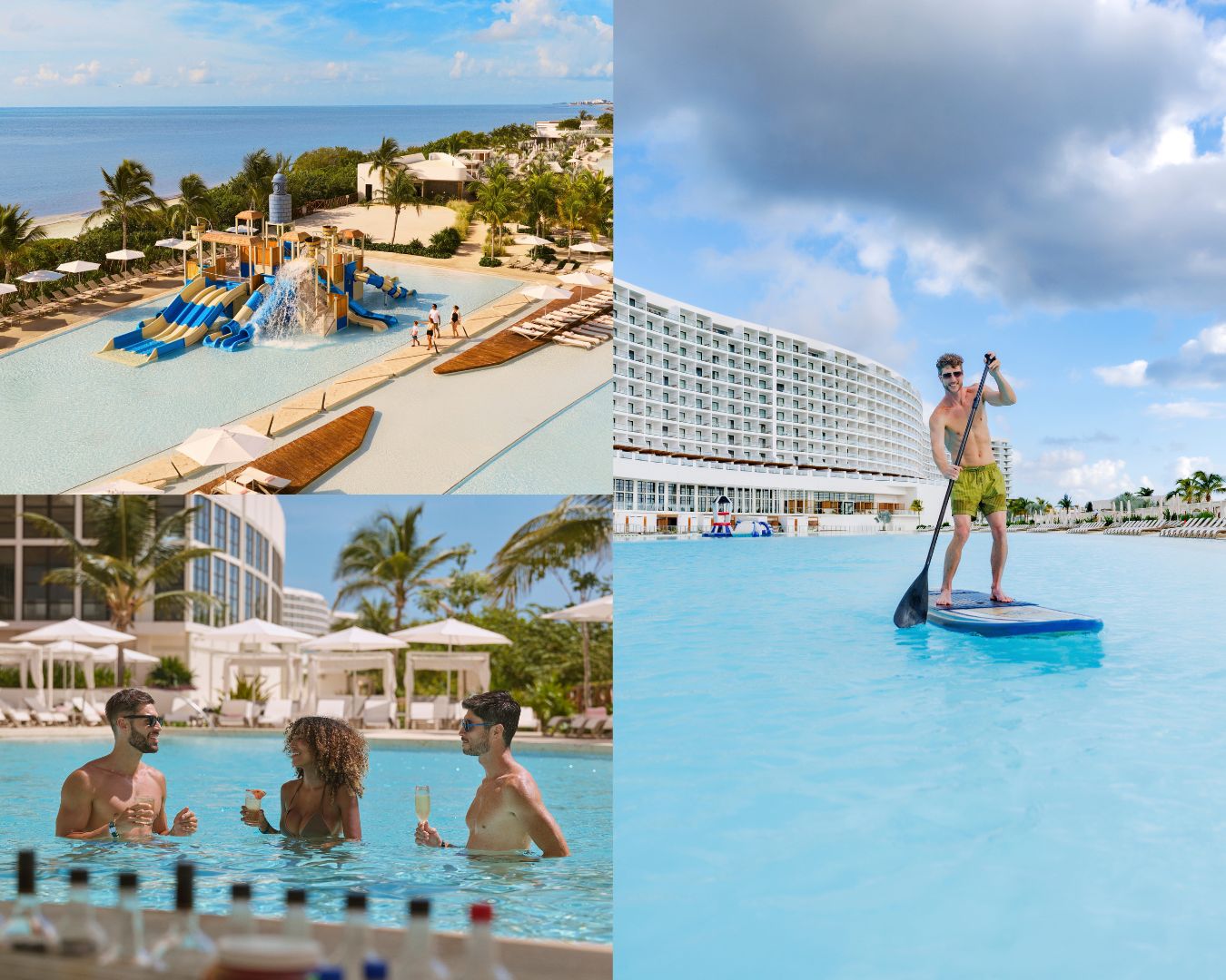 a collage of people in a pool