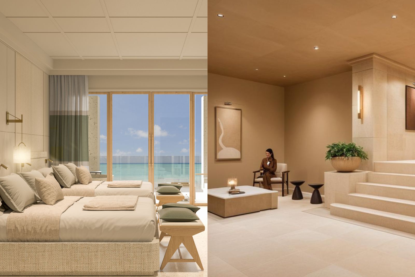 a collage of a room with a couch and a woman sitting in the chair